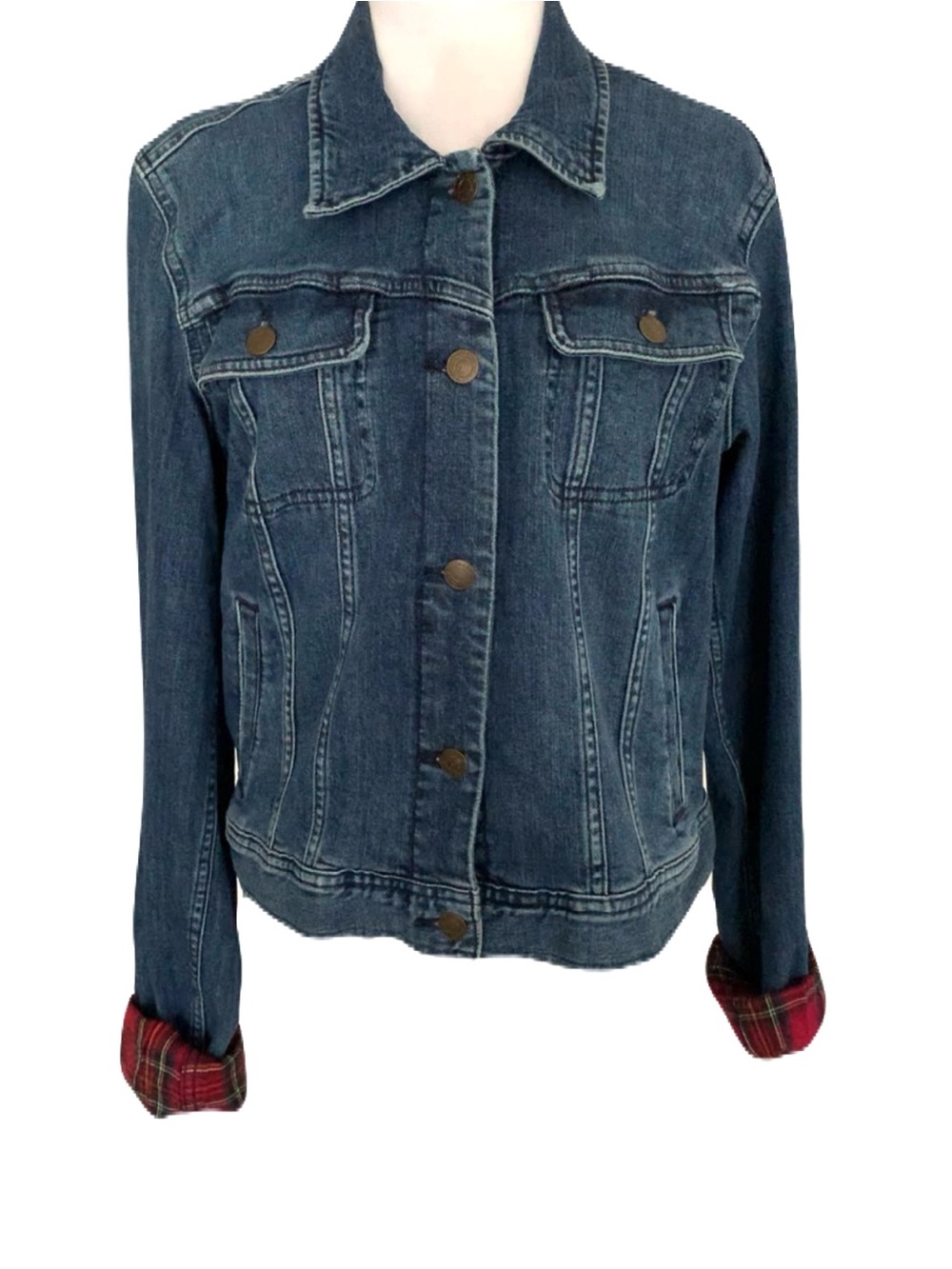 Lauren Ralph Lauren XL Dark Blue Denim Button Front Tartan Plaid Sleeve Jacket